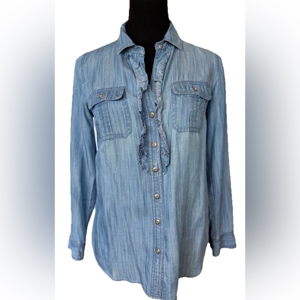Talbots Chambray Denim Shirt Ruffle Front Western Boho Button Down Petite Blue